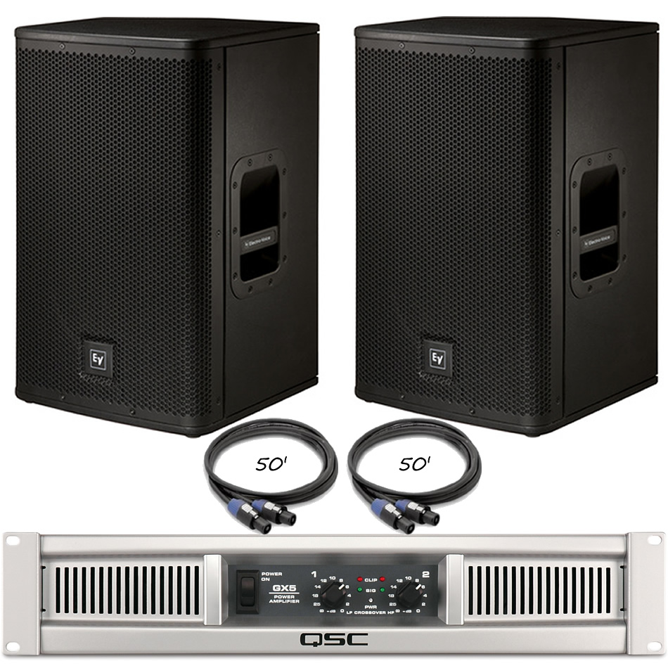 EV ELX115 PA Bundle: 2 Speakers, QSC GX5 Amp, 2 Cables